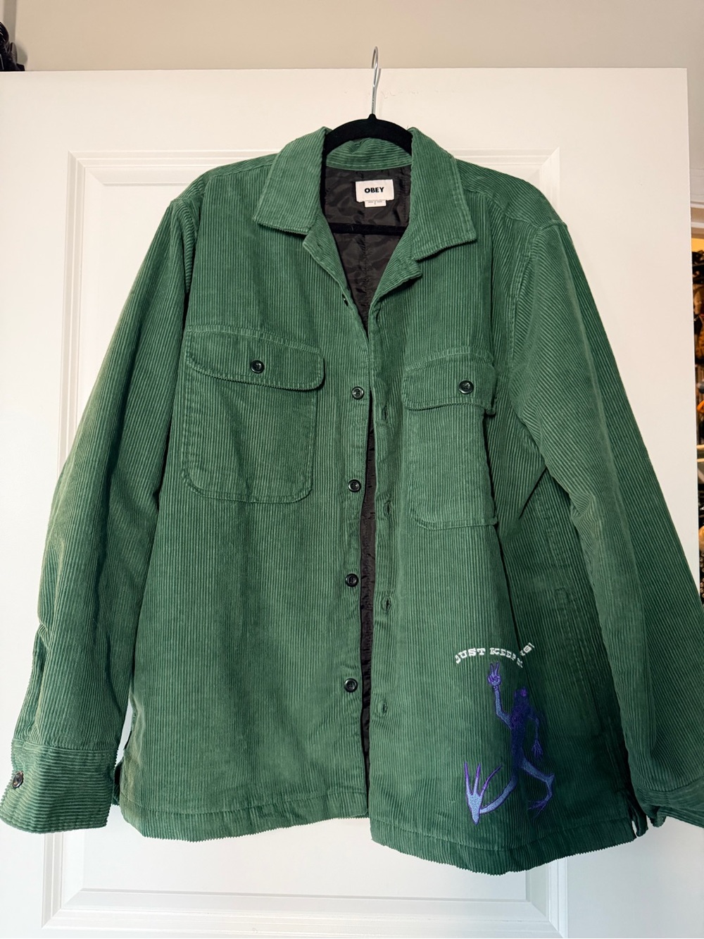 MENS/UNISEX L Obey Green Corduroy Shirt Jacket with Purple Graphic